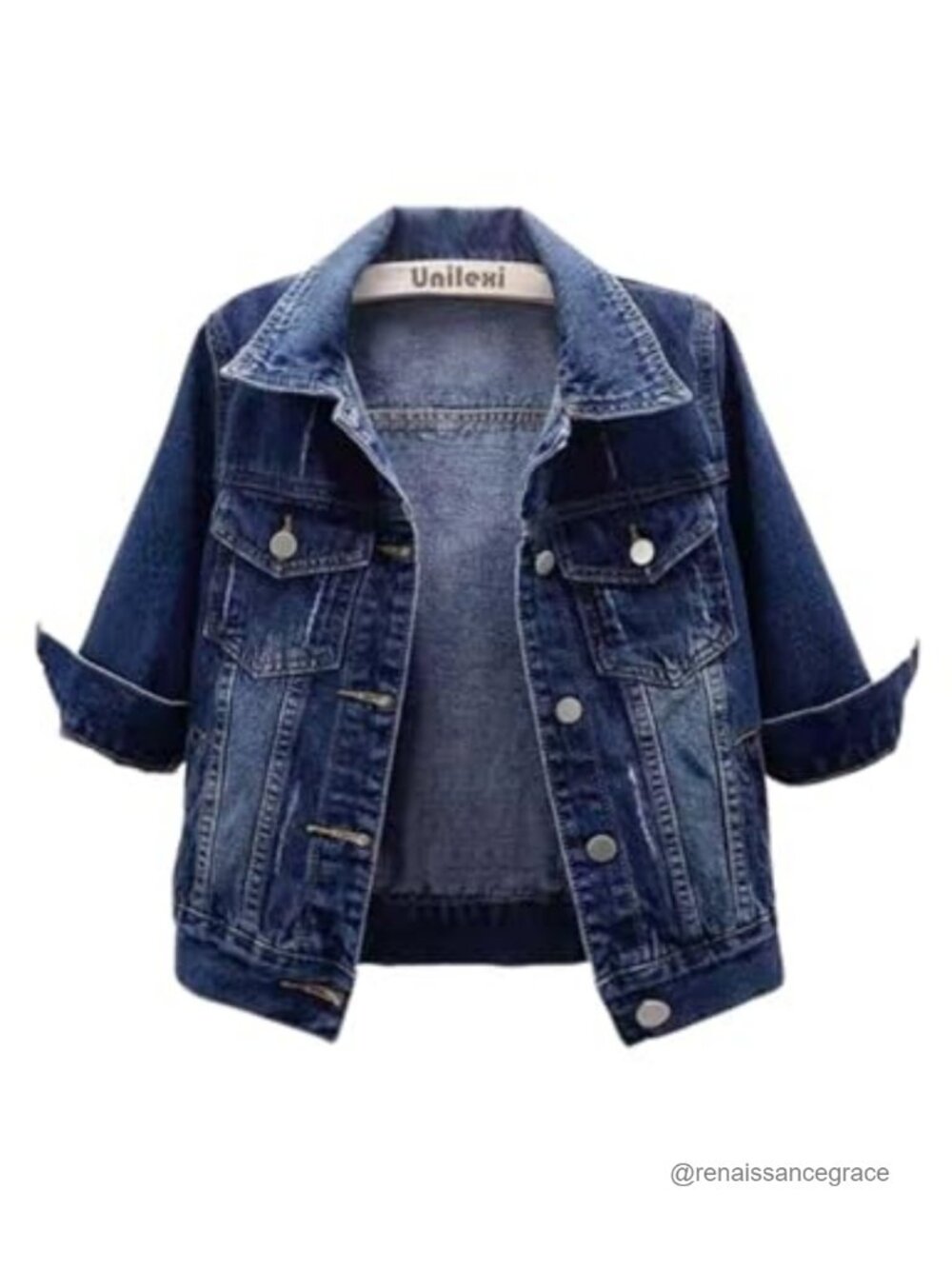 Cropped Denim Jacket 3/4 Sleeve Button Trucker
